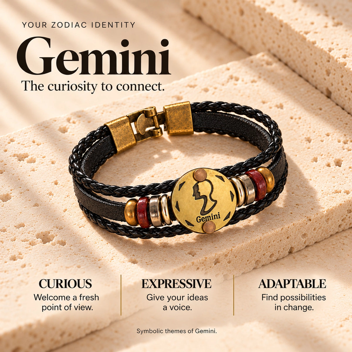 Gemini (Mithun Rashi) Celestial Zodiac Leather Bracelet with Brass Signet