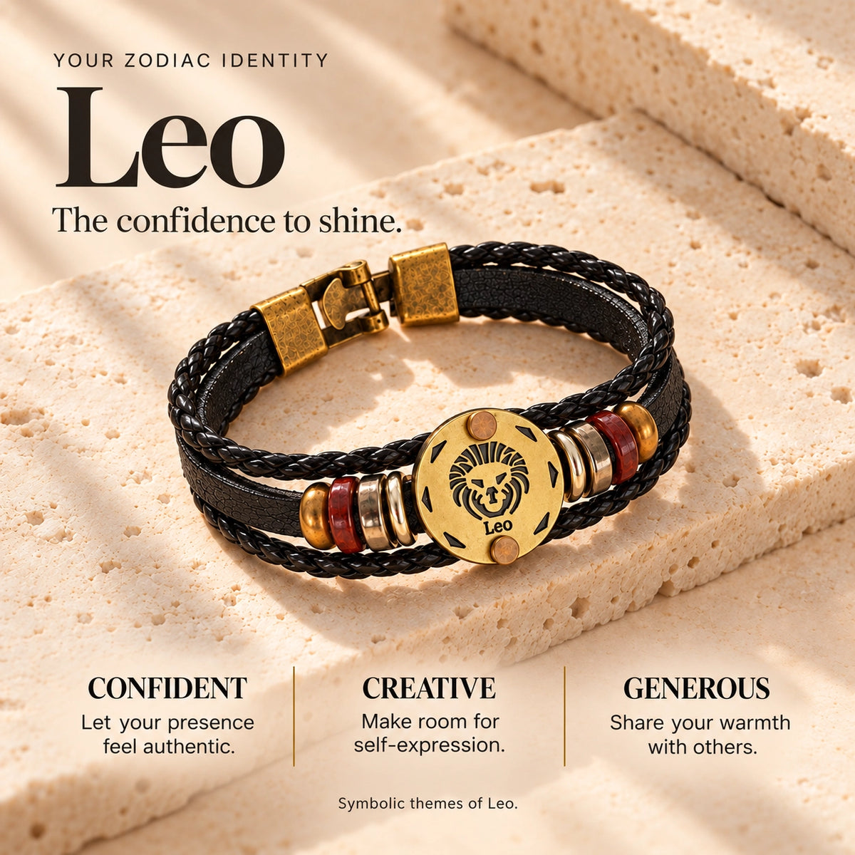 Leo (Singh Rashi) Celestial Zodiac Leather Bracelet with Brass Signet