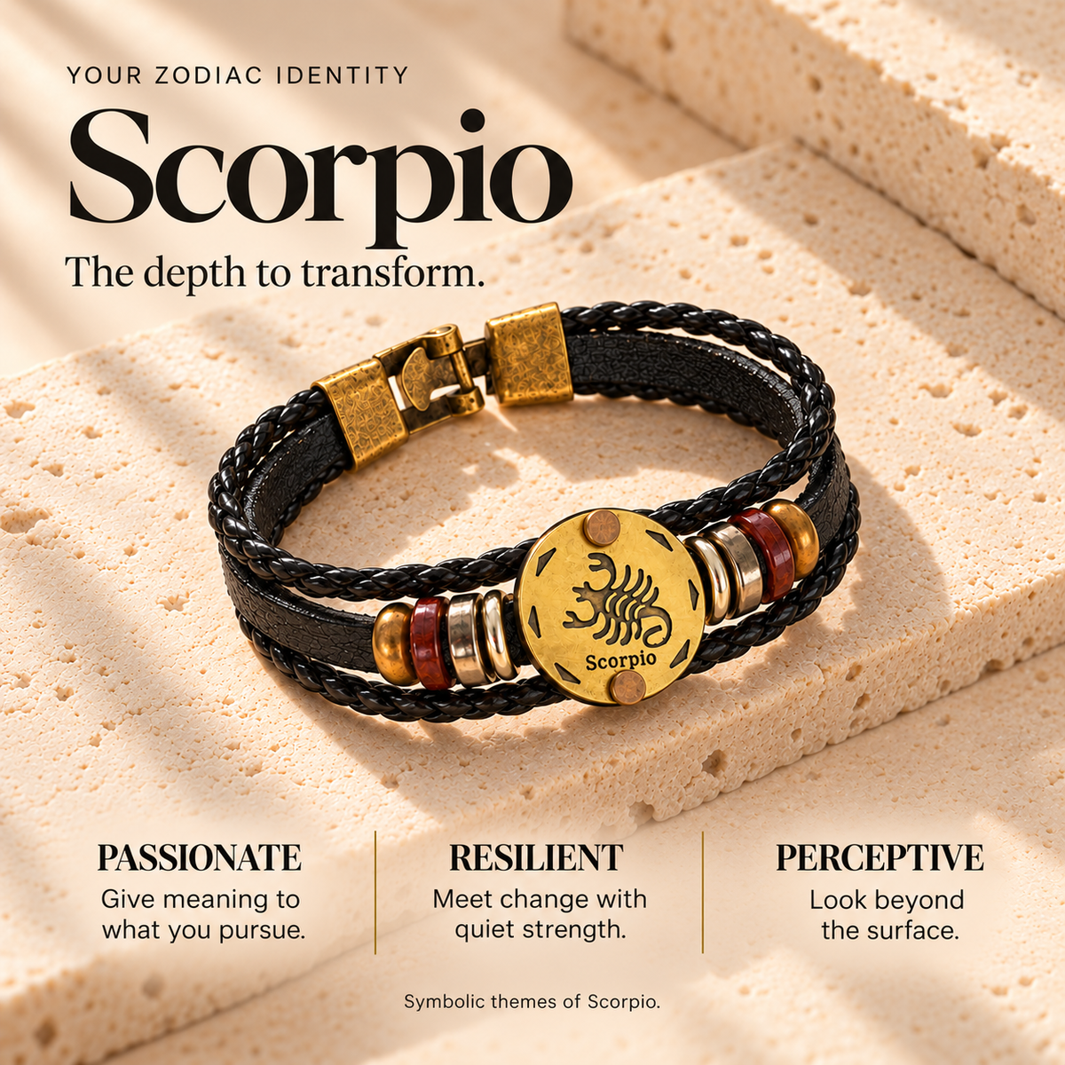 Scorpio (Vrishchik Rashi) Celestial Zodiac Leather Bracelet with Brass Signet