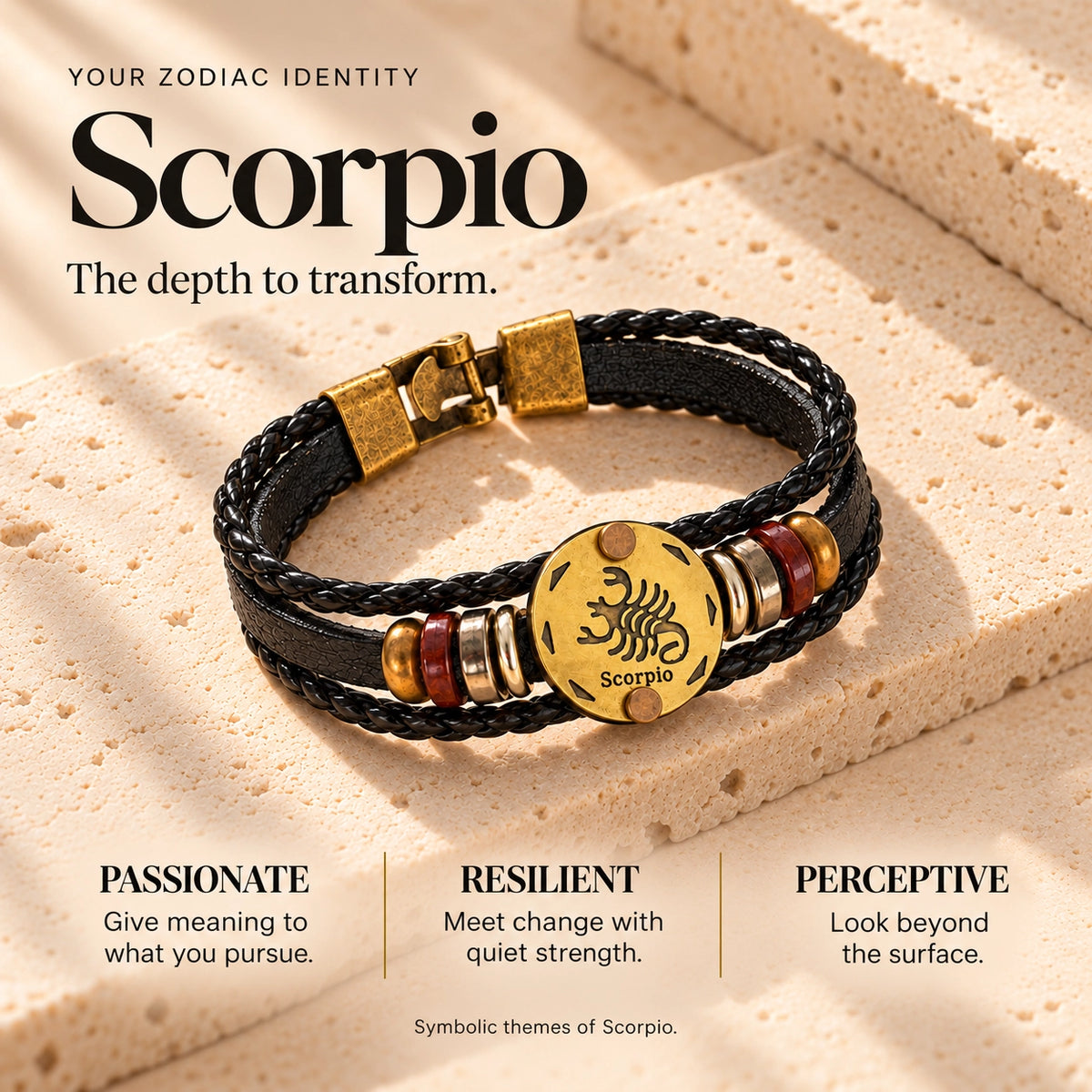 Scorpio (Vrishchik Rashi) Celestial Zodiac Leather Bracelet with Brass Signet