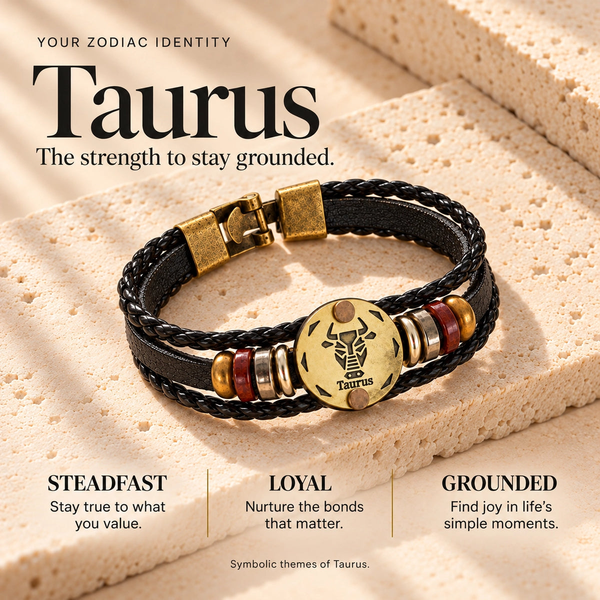 Taurus (Vrishabh Rashi) Celestial Zodiac Leather Bracelet with Brass Signet