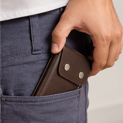 Leather Snap Button Wallet for Men – Compact Card Holder with Cash Pocket- Tan