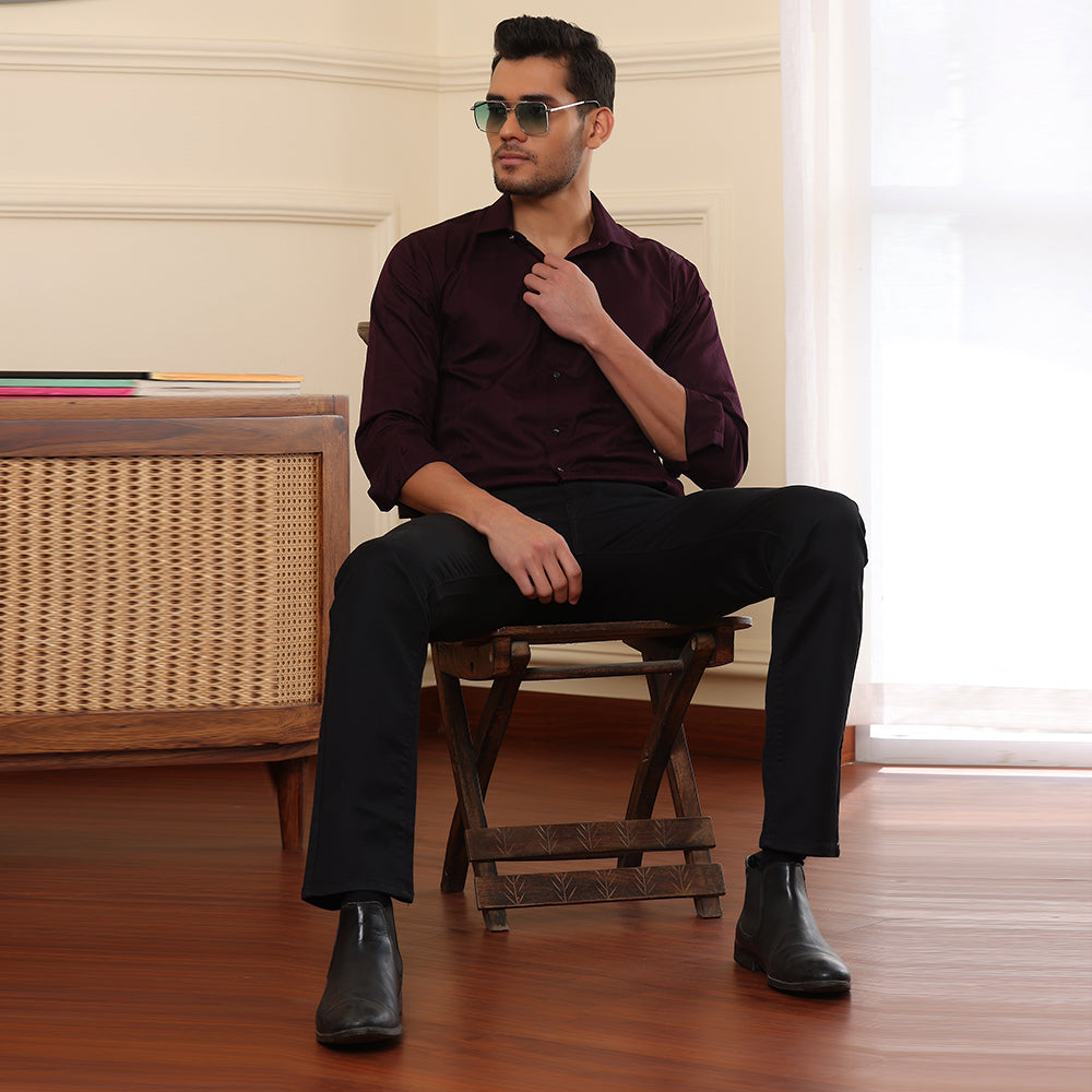 Plain Textured Wine Formal Shirt