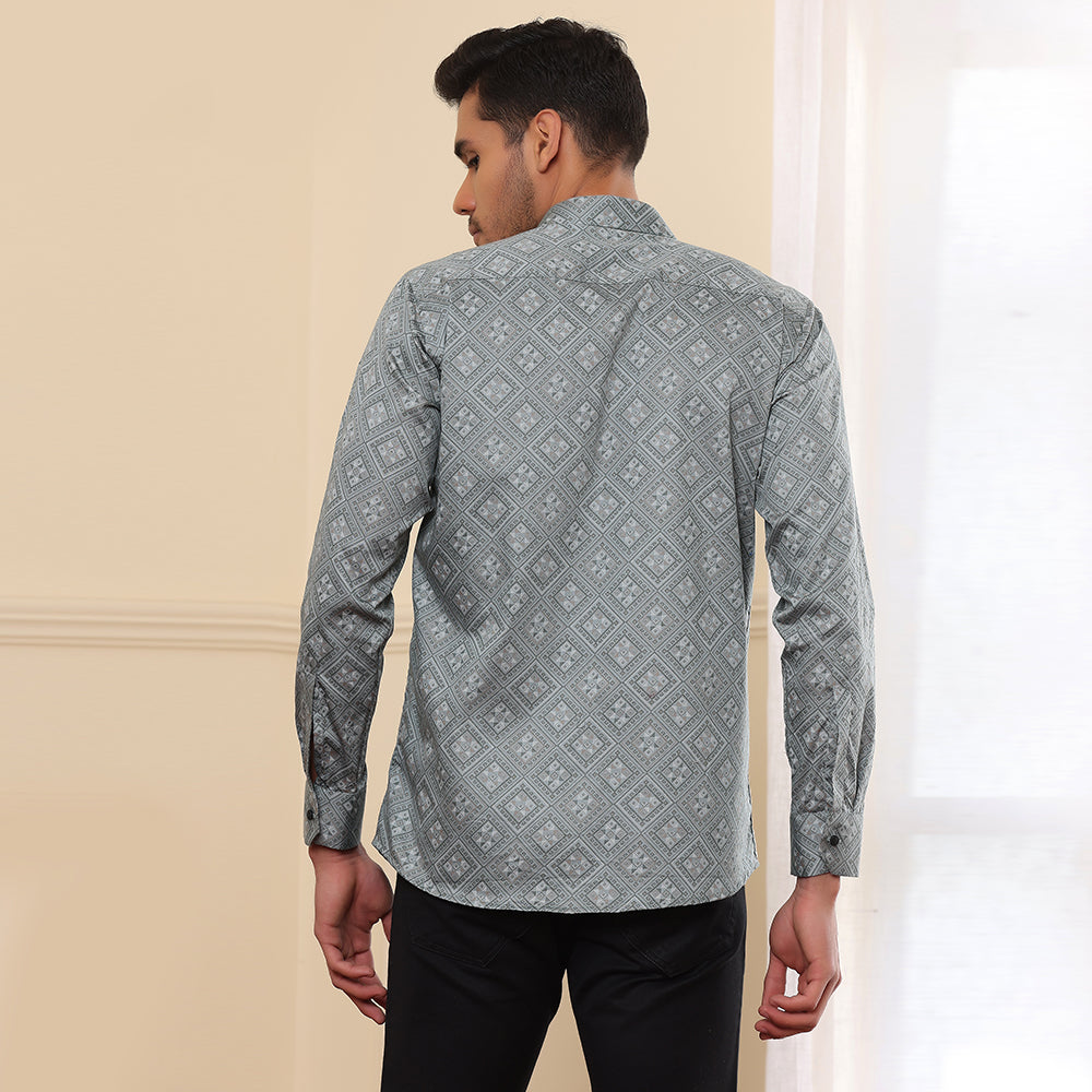 Geometrical Print Casual Shirt Green Color