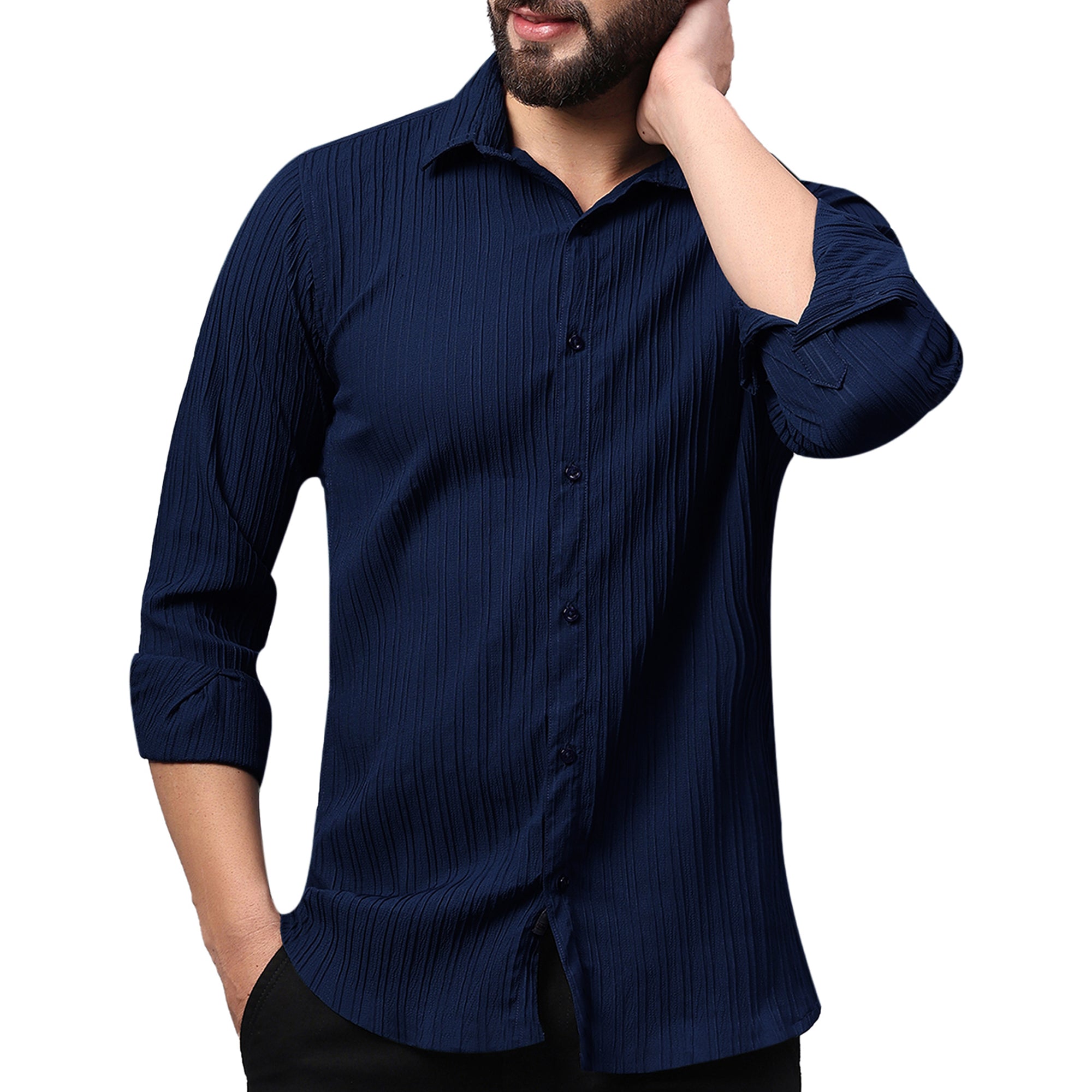 Crushed Self Stripe Navy Blue Shirt