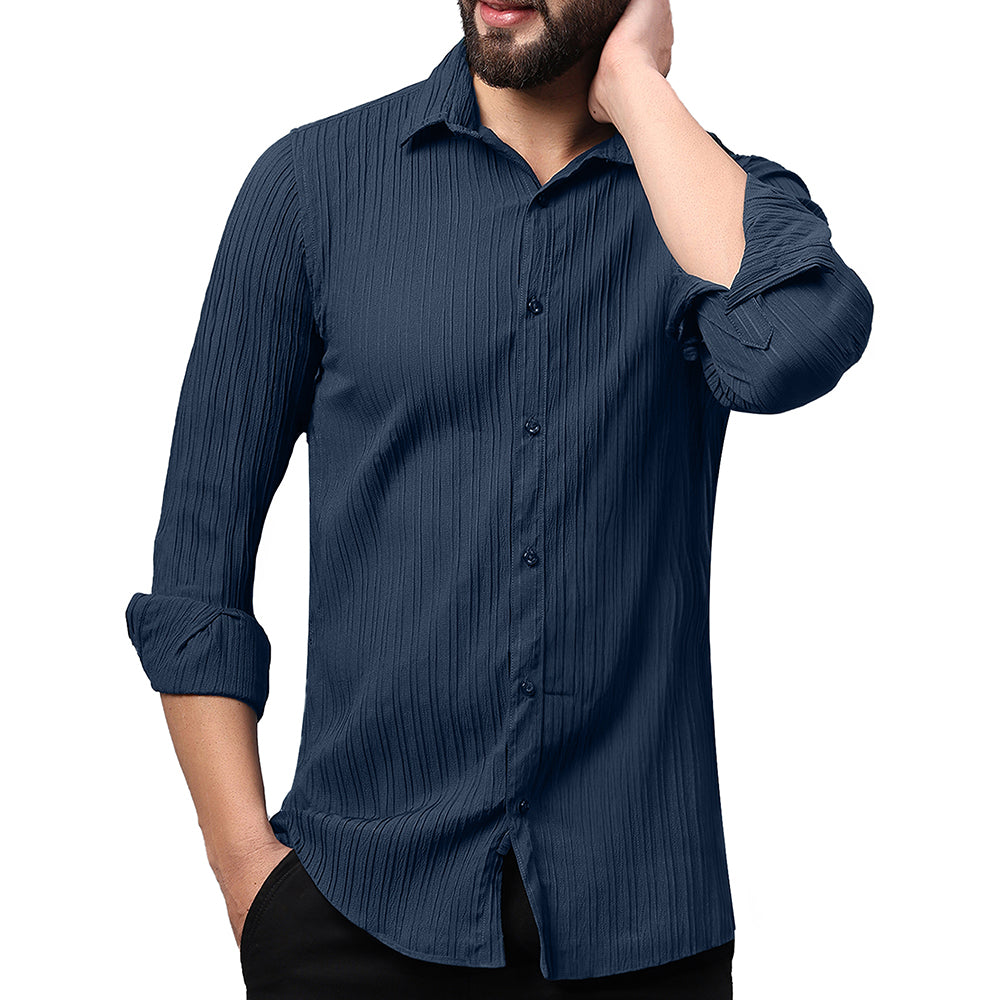 Crushed Self Stripe Navy Blue Shirt