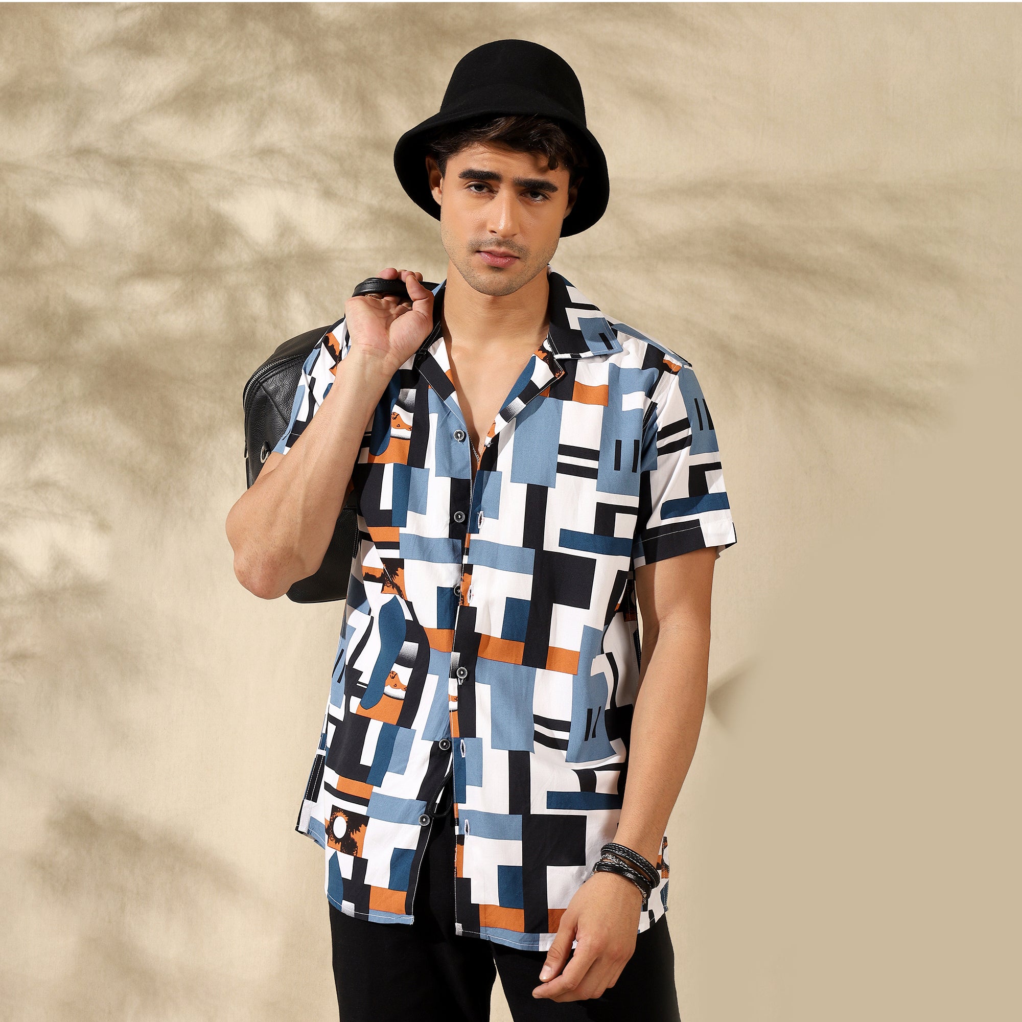BLUE HALF CASUAL PRINTED COTTON SHIRT REGULAR FIT FOR MEN