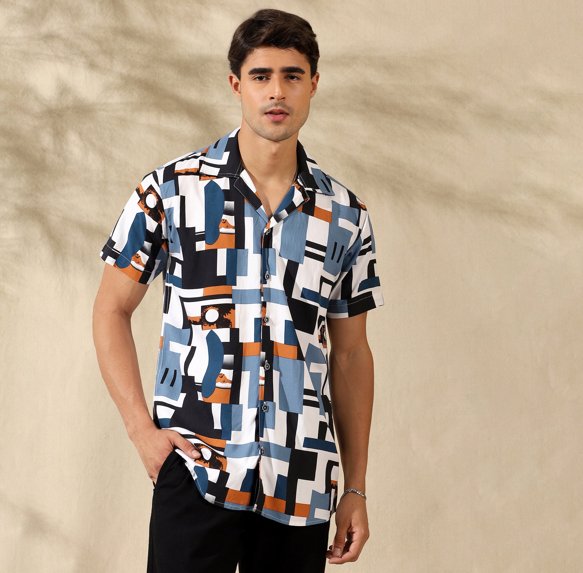 BLUE HALF CASUAL PRINTED COTTON SHIRT REGULAR FIT FOR MEN