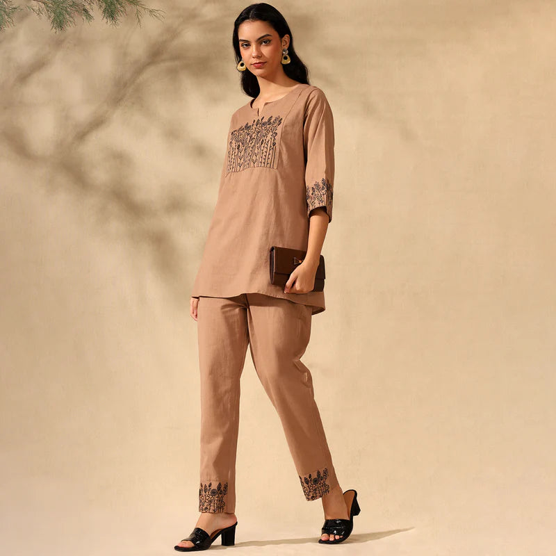 BOTANICAL EMBROIDERED COTTON CORD SET FOR WOMEN | KURTI AND PANTS COORDINATED SET | BEIGE
