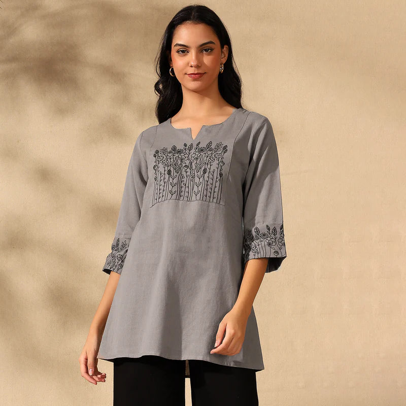 BOTANICAL EMBROIDERED COTTON KURTI FOR WOMEN | PERFECT FEMALE TUNIC FOR EVERYDAY WEAR | GREY