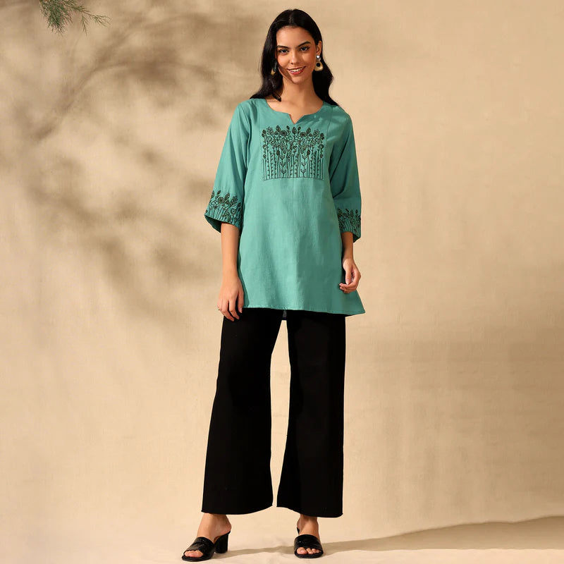 BOTANICAL EMBROIDERED COTTON KURTI FOR WOMEN | PERFECT FEMALE TUNIC FOR EVERYDAY WEAR | GREEN