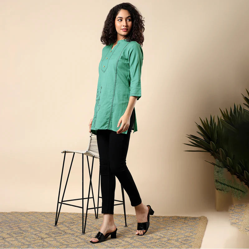 GORGEOUS GREEN FLORAL EMBROIDERED WOMEN KURTI | COTTON SHORT TUNIC FOR EVERYDAY WEAR