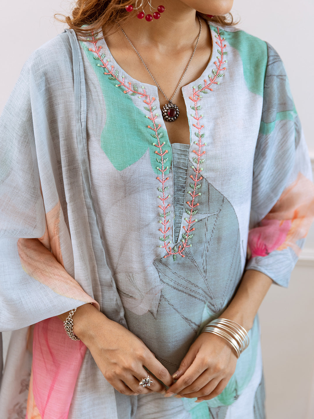 Floral Printed Notched Neck Linen Straight Kurta Set with Dupatta- Grey Green