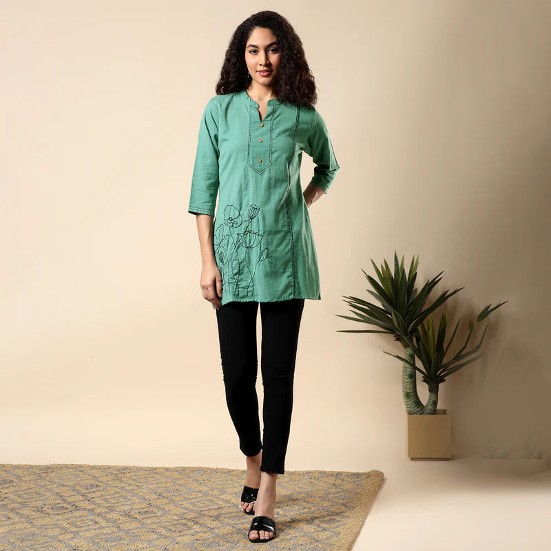 GORGEOUS GREEN FLORAL EMBROIDERED WOMEN KURTI | COTTON SHORT TUNIC FOR EVERYDAY WEAR