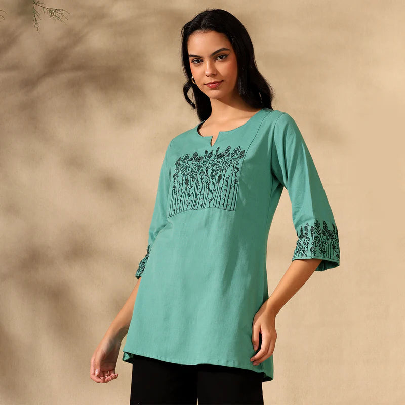 BOTANICAL EMBROIDERED COTTON KURTI FOR WOMEN | PERFECT FEMALE TUNIC FOR EVERYDAY WEAR | GREEN