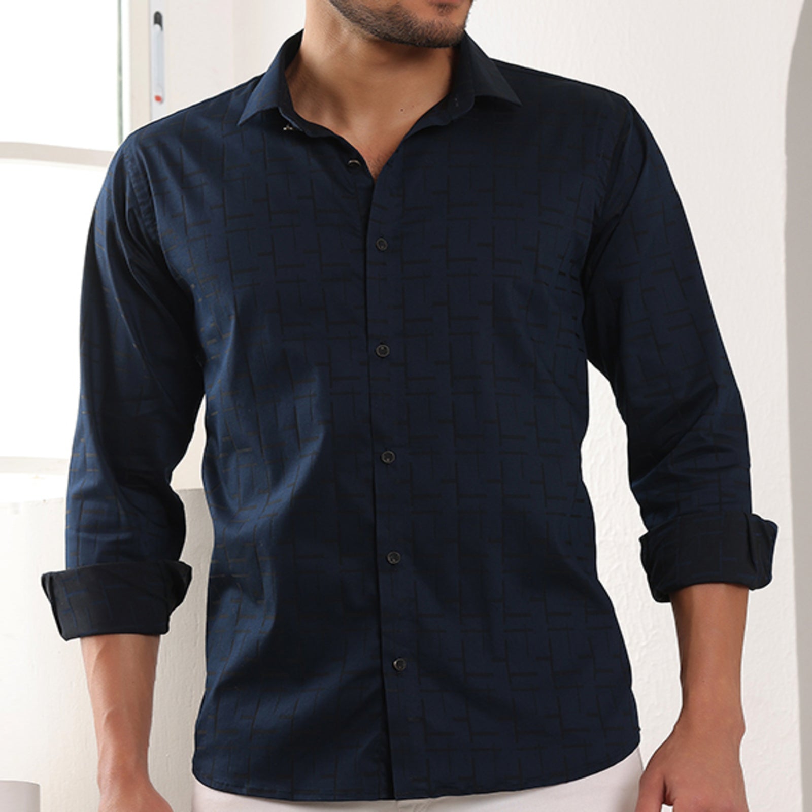 Printed Formal Shirt Navy Blue color