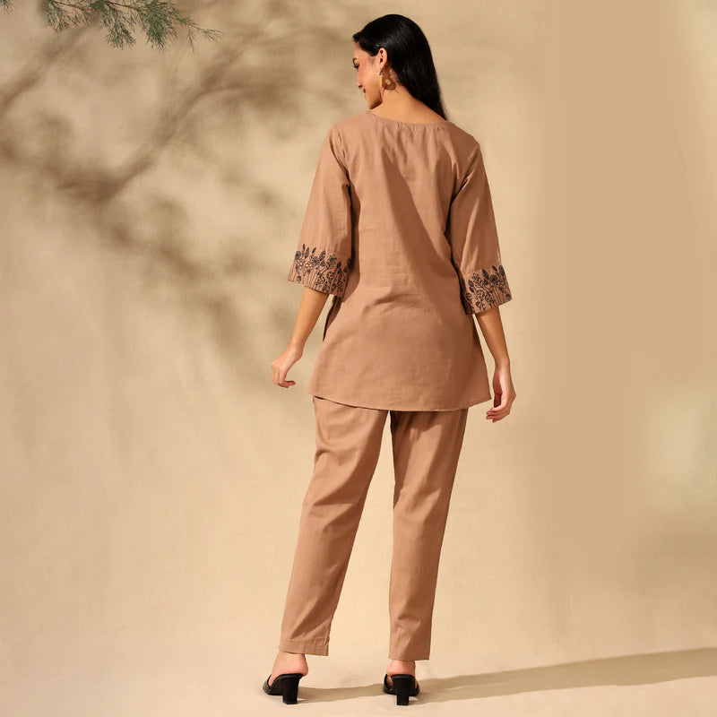 BOTANICAL EMBROIDERED COTTON CORD SET FOR WOMEN | KURTI AND PANTS COORDINATED SET | BEIGE