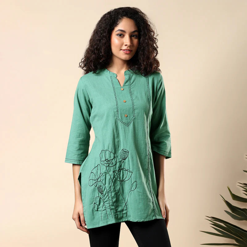 GORGEOUS GREEN FLORAL EMBROIDERED WOMEN KURTI | COTTON SHORT TUNIC FOR EVERYDAY WEAR