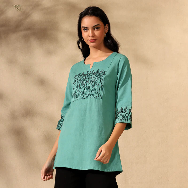 BOTANICAL EMBROIDERED COTTON KURTI FOR WOMEN | PERFECT FEMALE TUNIC FOR EVERYDAY WEAR | GREEN