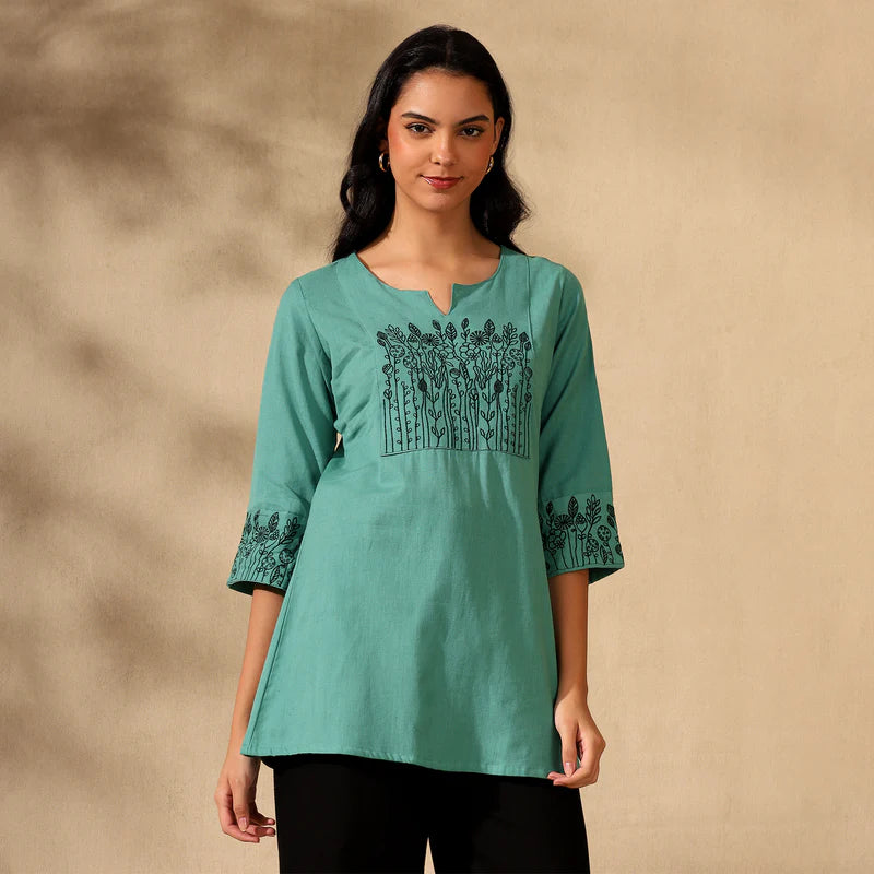 BOTANICAL EMBROIDERED COTTON KURTI FOR WOMEN | PERFECT FEMALE TUNIC FOR EVERYDAY WEAR | GREEN