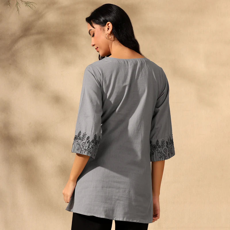 BOTANICAL EMBROIDERED COTTON KURTI FOR WOMEN | PERFECT FEMALE TUNIC FOR EVERYDAY WEAR | GREY