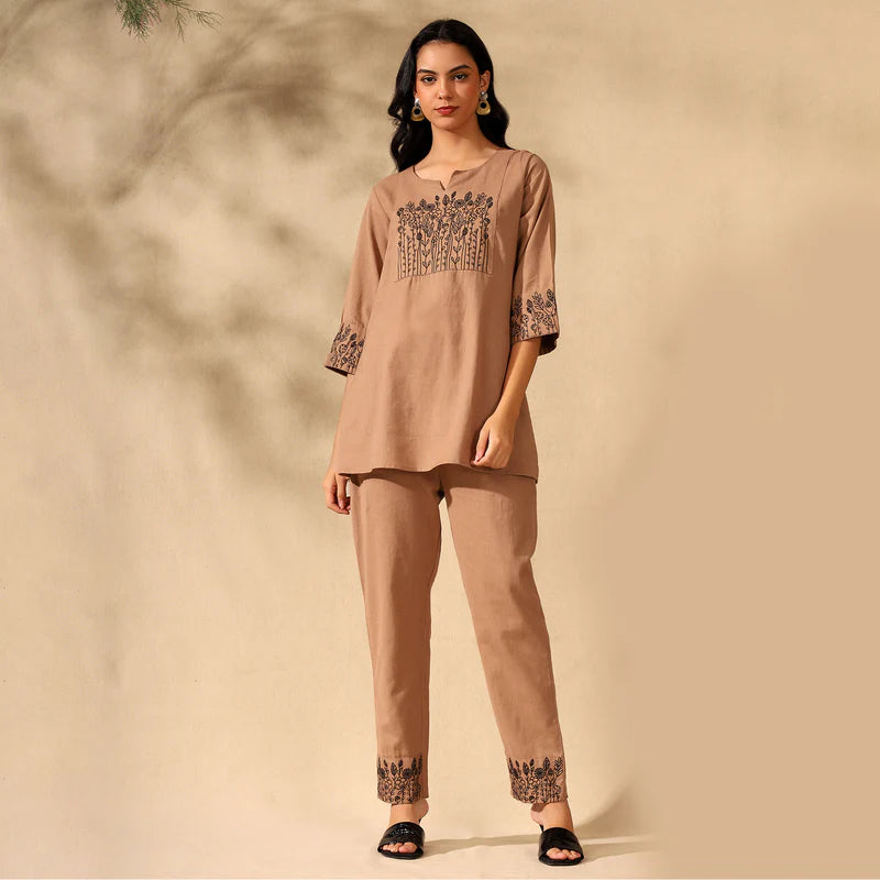 BOTANICAL EMBROIDERED COTTON CORD SET FOR WOMEN | KURTI AND PANTS COORDINATED SET | BEIGE