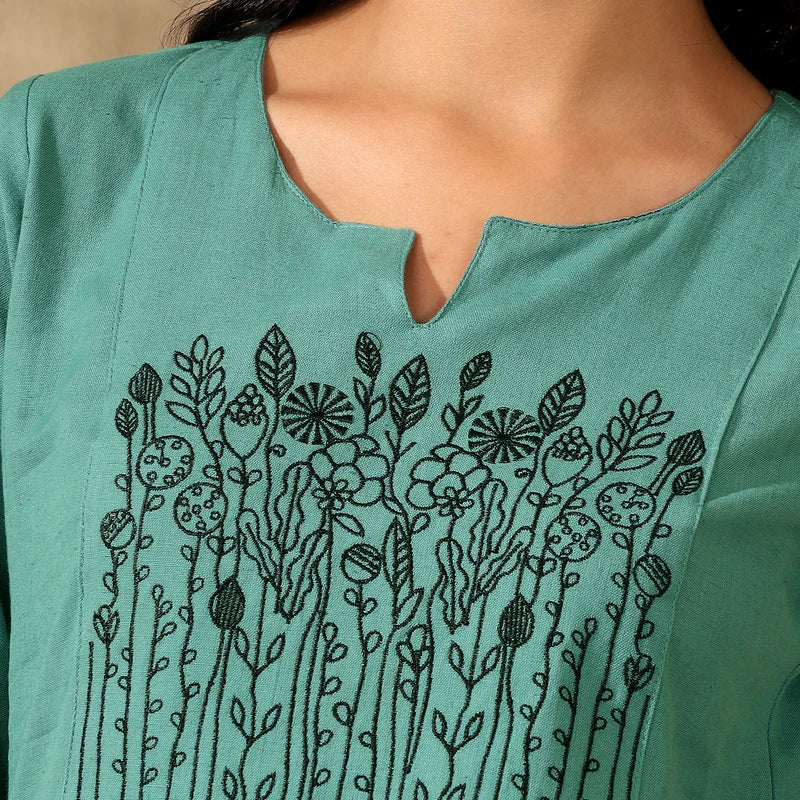 BOTANICAL EMBROIDERED COTTON KURTI FOR WOMEN | PERFECT FEMALE TUNIC FOR EVERYDAY WEAR | GREEN