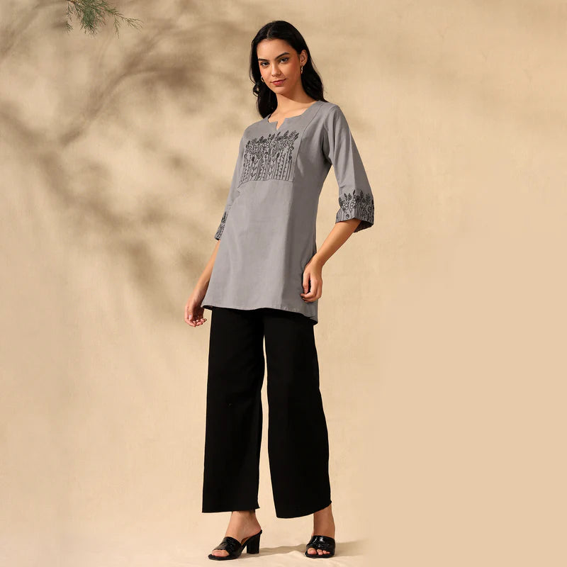 BOTANICAL EMBROIDERED COTTON KURTI FOR WOMEN | PERFECT FEMALE TUNIC FOR EVERYDAY WEAR | GREY