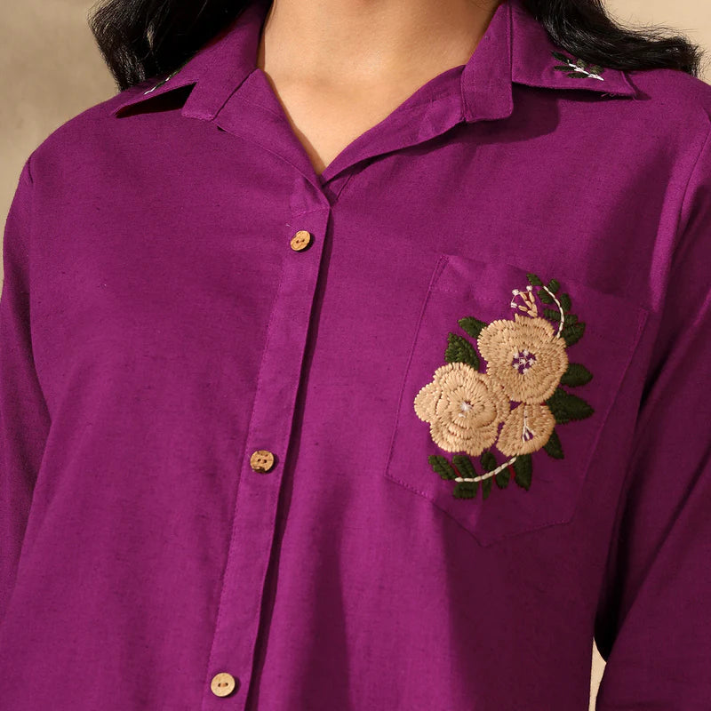 FLORAL EMBROIDERED COTTON CORD SET FOR WOMEN | SHIRT-PANT FUSION WEAR | MAGENTA