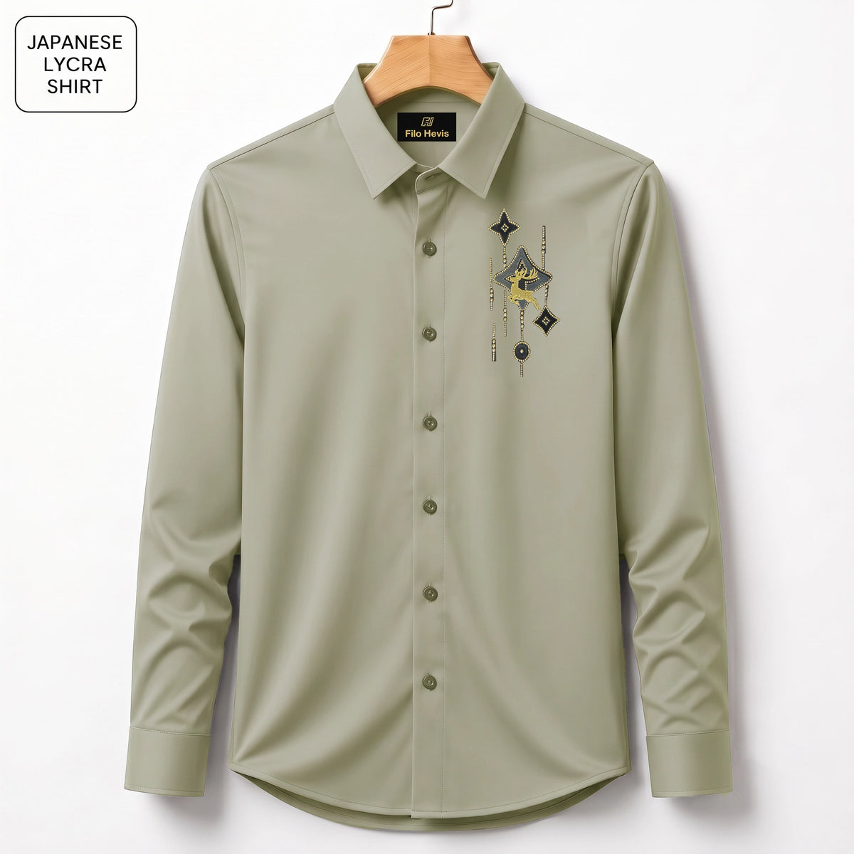 Deer Embroidery Party Shirts | Club Wear | Light-Greyish-Green