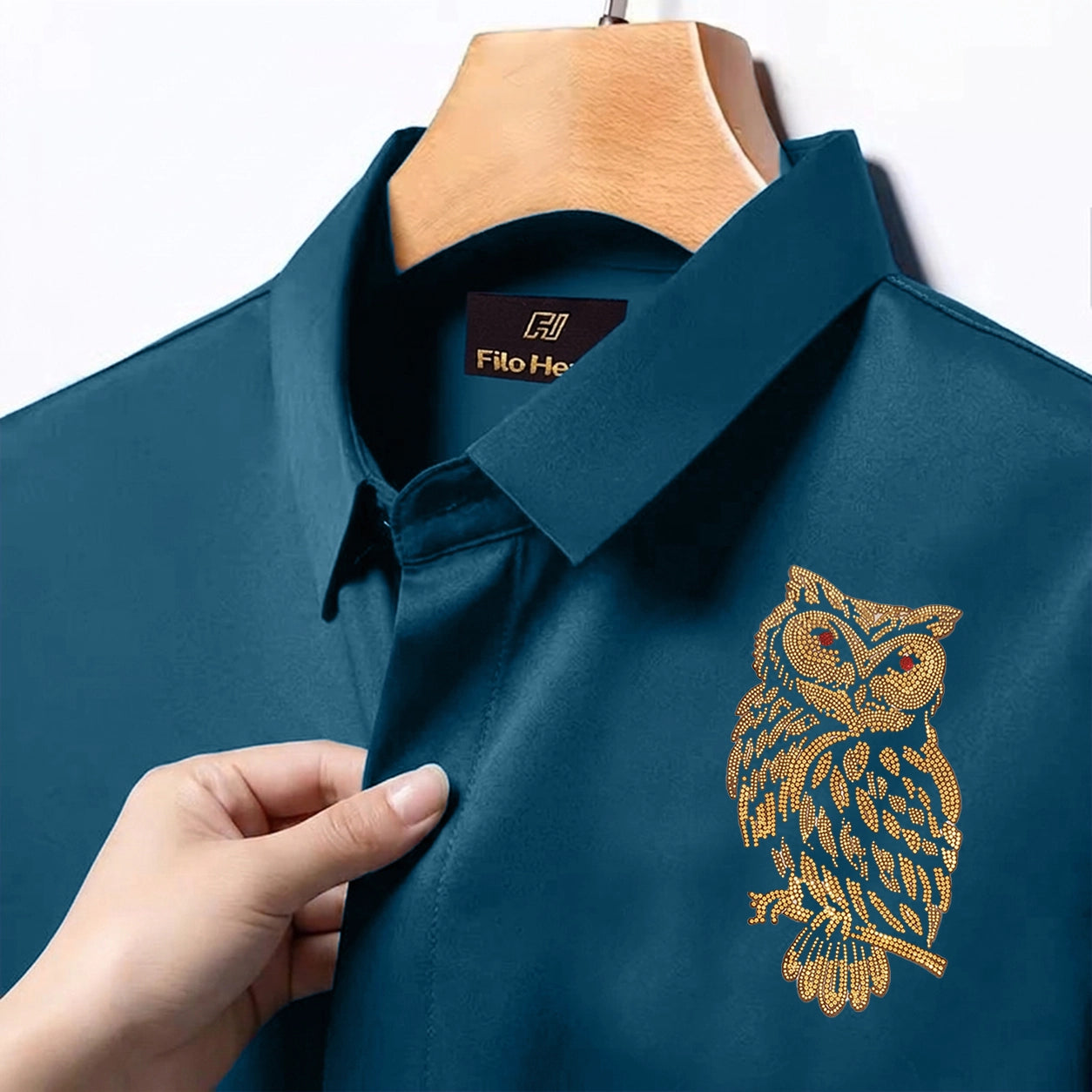 PARTY SHIRTS FOR MEN | PREMIUM SHIRTS | CLUB SHIRTS OWL Embroidery-Teal Blue
