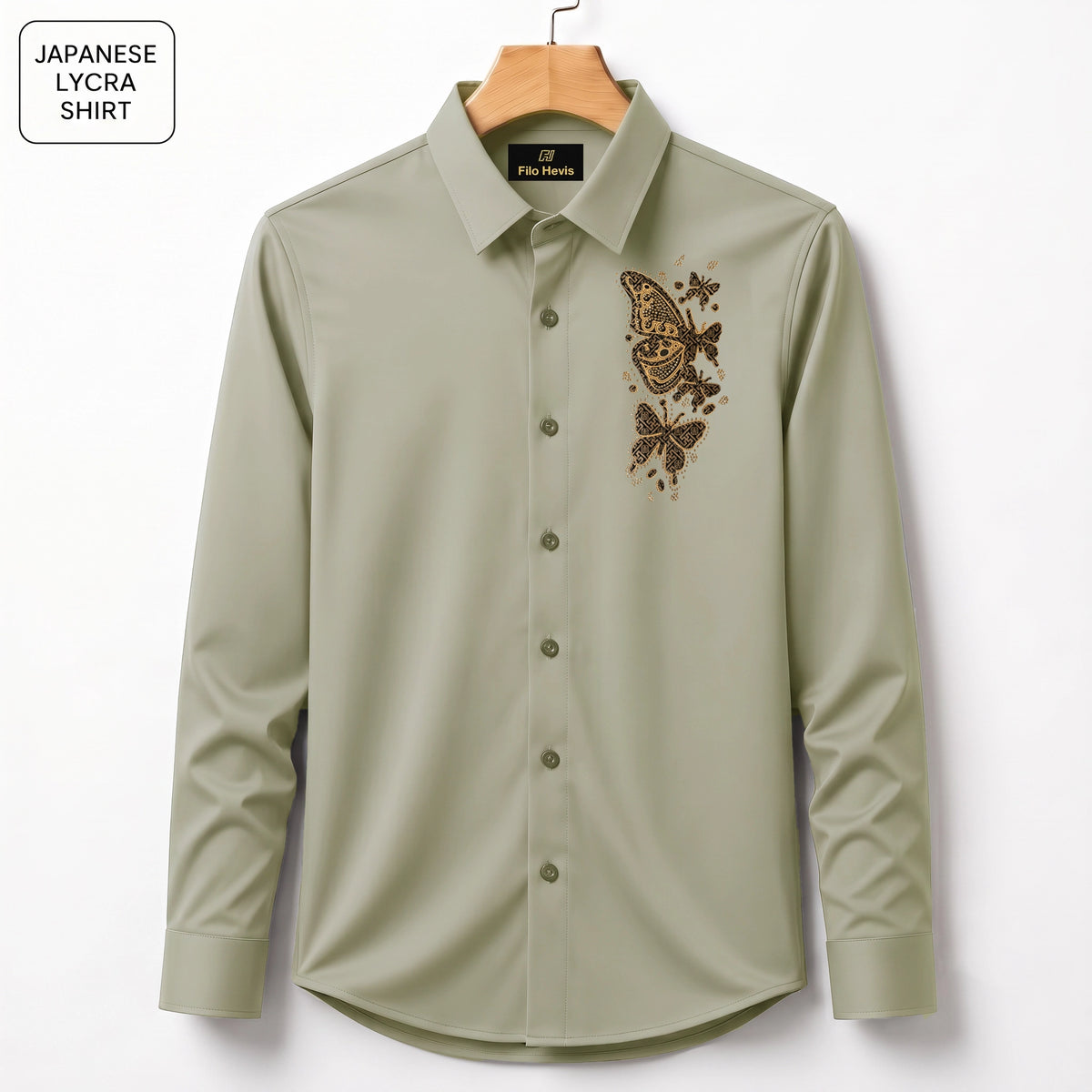 Butterfly Embroidery Party Shirts | Club Wear | Light-Greyish-Green