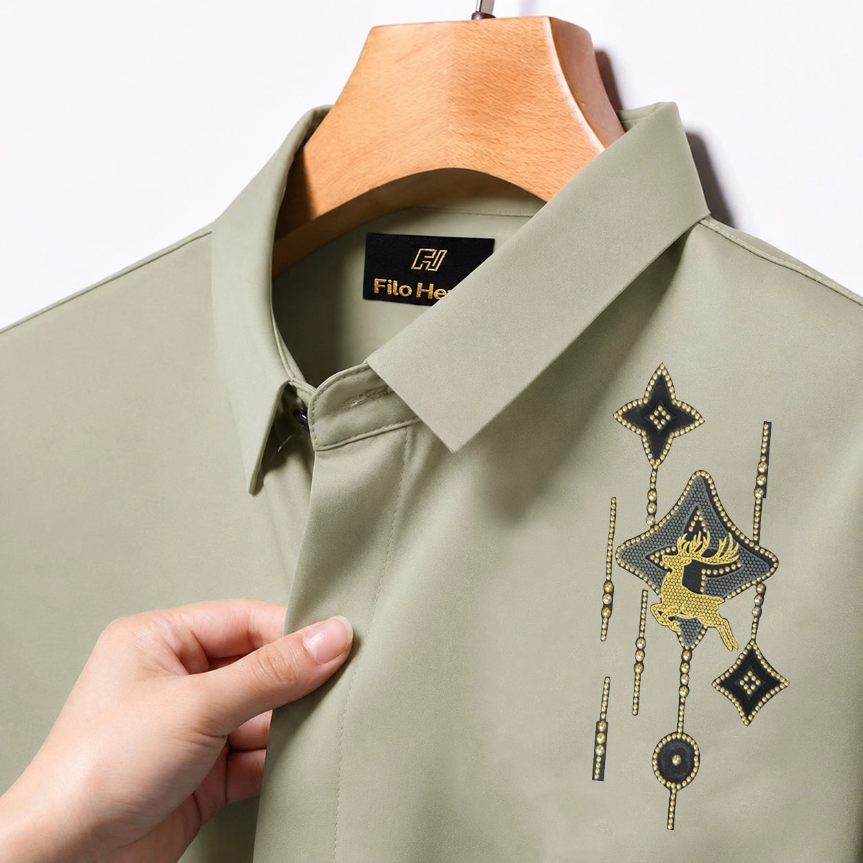 PARTY SHIRTS FOR MEN | PREMIUM SHIRTS | CLUB SHIRTS Deer Embroidery-Light-Greyish-Green