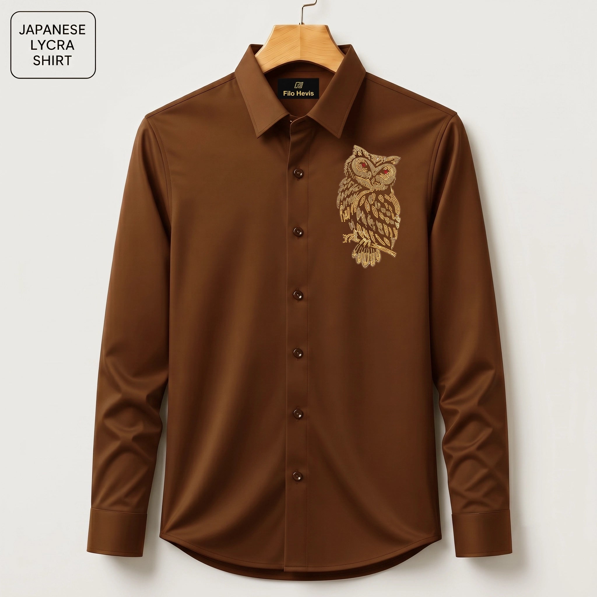Owl Embroidery Party Shirts | Club Wear | Brown