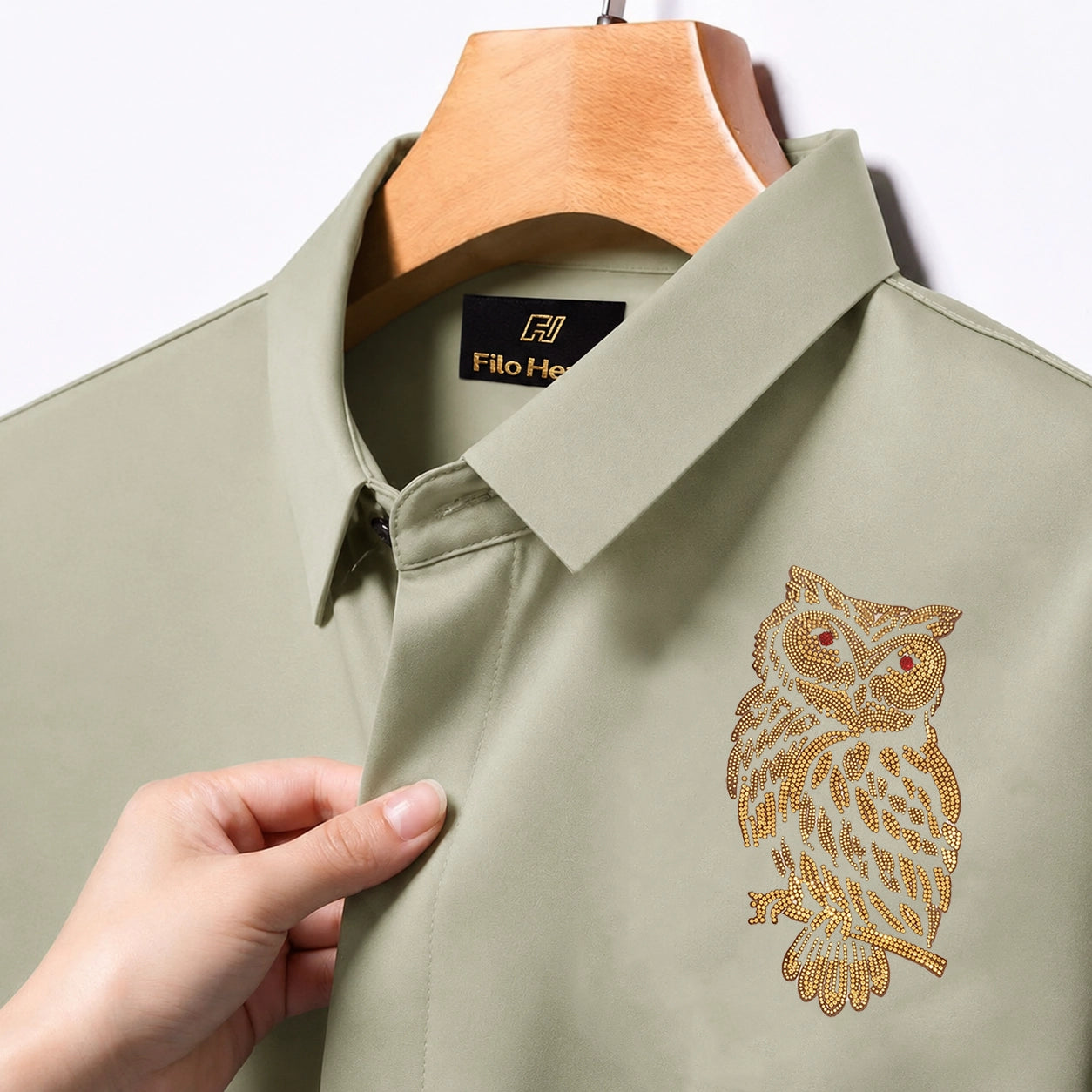 PARTY SHIRTS FOR MEN | PREMIUM SHIRTS | CLUB SHIRTS OWL Embroidery-Light-Greyish-Green