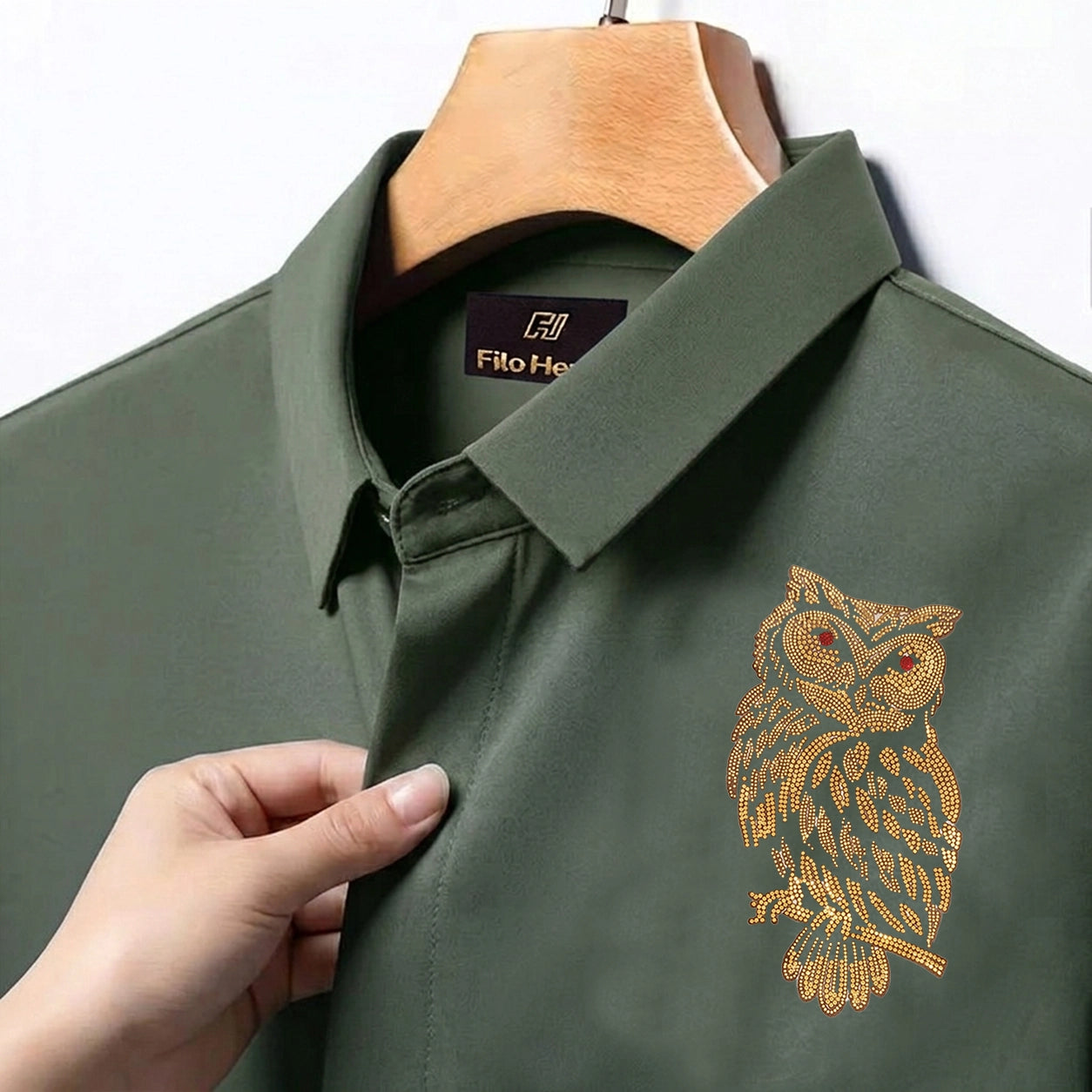 PARTY SHIRTS FOR MEN | PREMIUM SHIRTS | CLUB SHIRTS OWL Embroidery-Olive Green