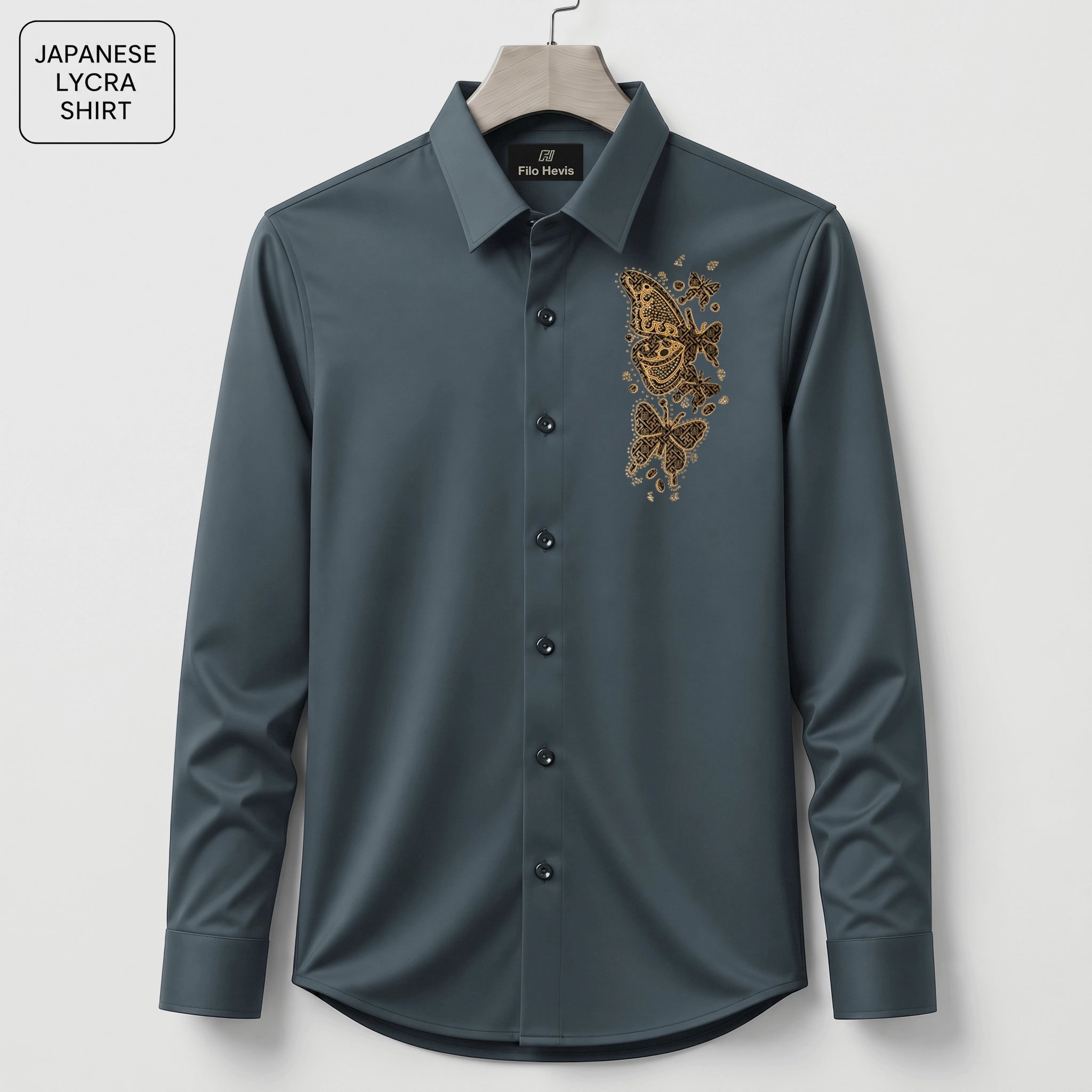 Butterfly Embroidery Party Shirts | Club Wear | Dark Grey