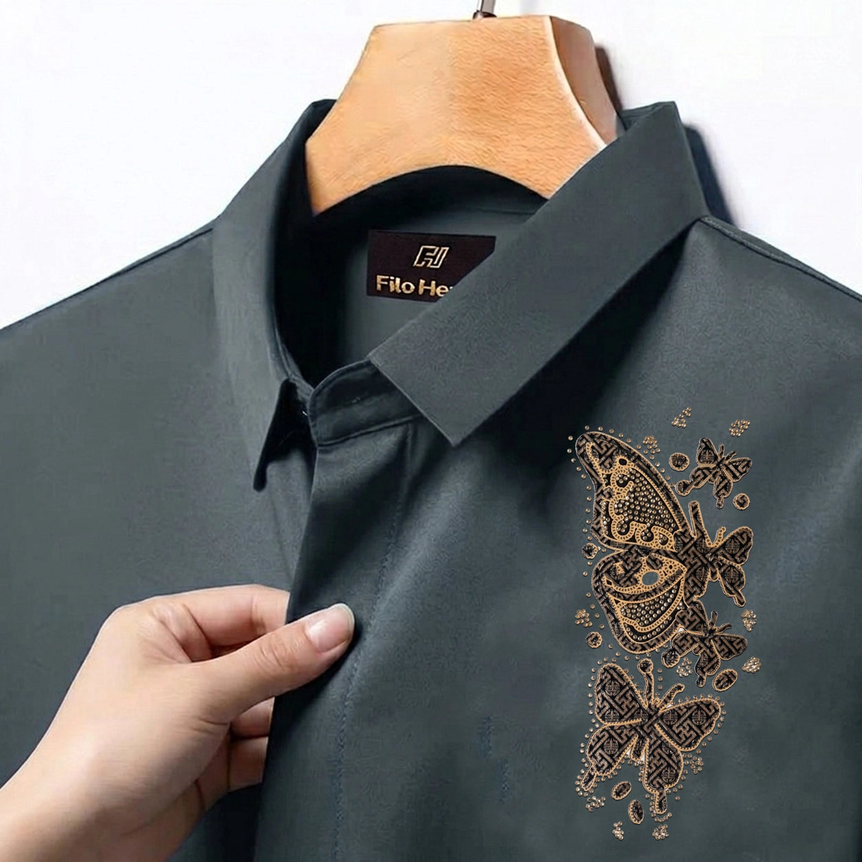 PARTY SHIRTS FOR MEN | PREMIUM SHIRTS | CLUB SHIRTS Butterfly Embroidery-Dark Grey