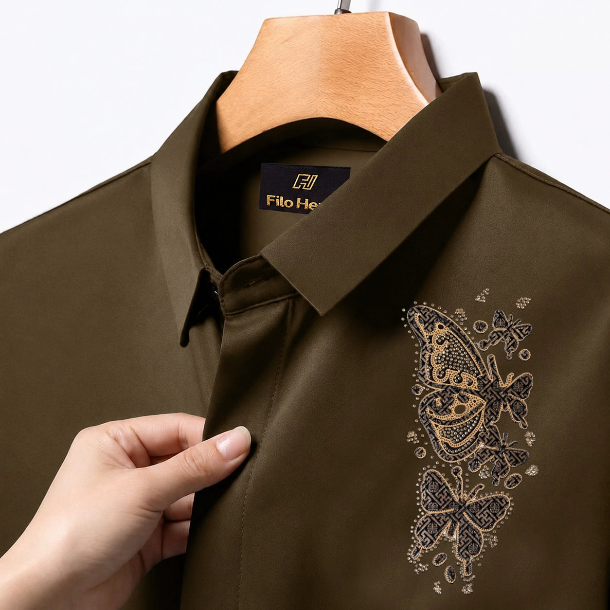PARTY SHIRTS FOR MEN | PREMIUM SHIRTS | CLUB SHIRTS Butterfly Embroidery-Light Brown