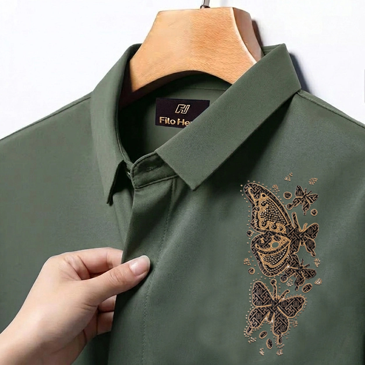PARTY SHIRTS FOR MEN | PREMIUM SHIRTS | CLUB SHIRTS Butterfly Embroidery-Olive Green