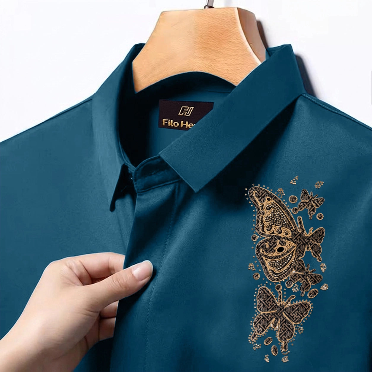 PARTY SHIRTS FOR MEN | PREMIUM SHIRTS | CLUB SHIRTS Butterfly Embroidery-Teal Blue