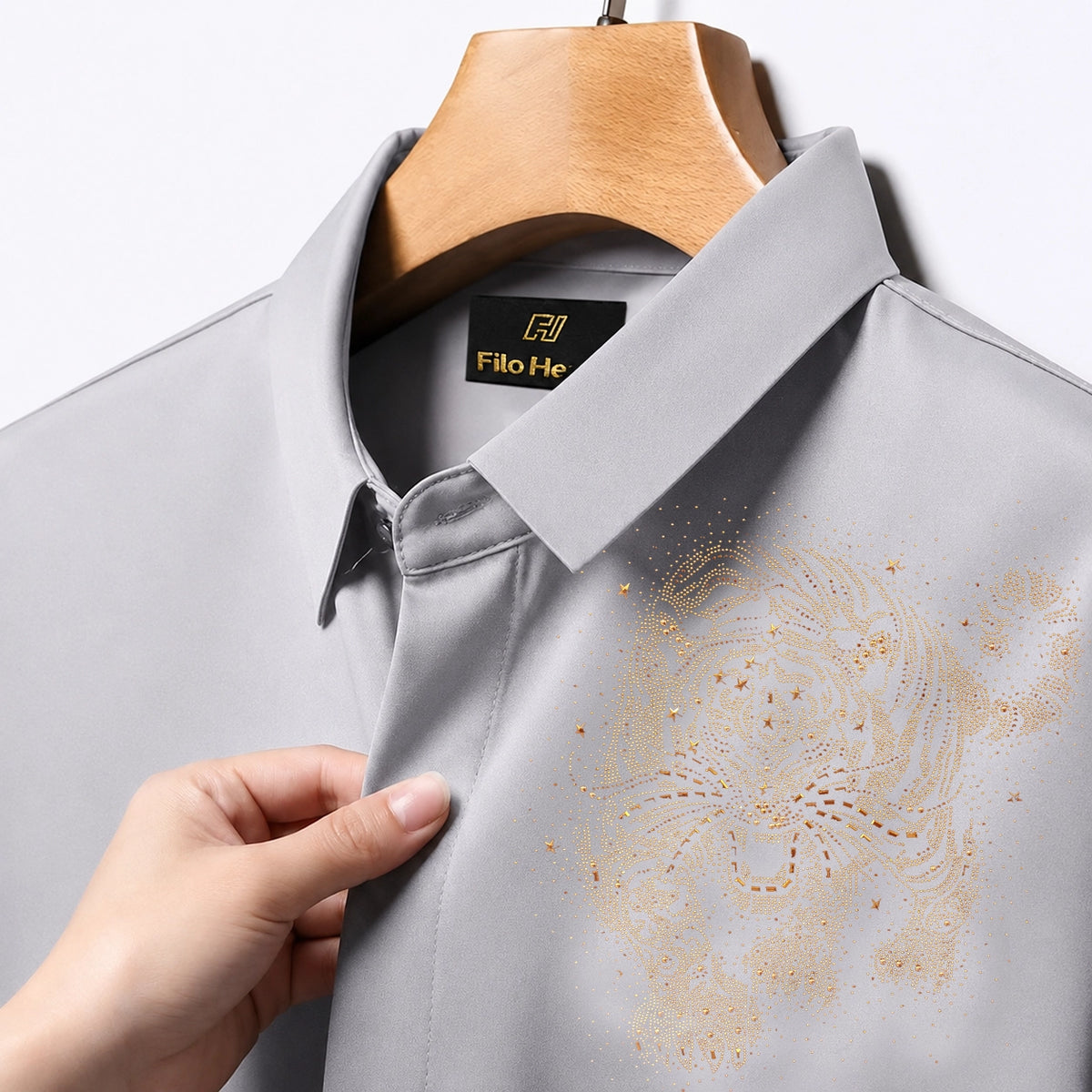 Tiger Embroidery Party Shirts | Club Wear | Light Grey