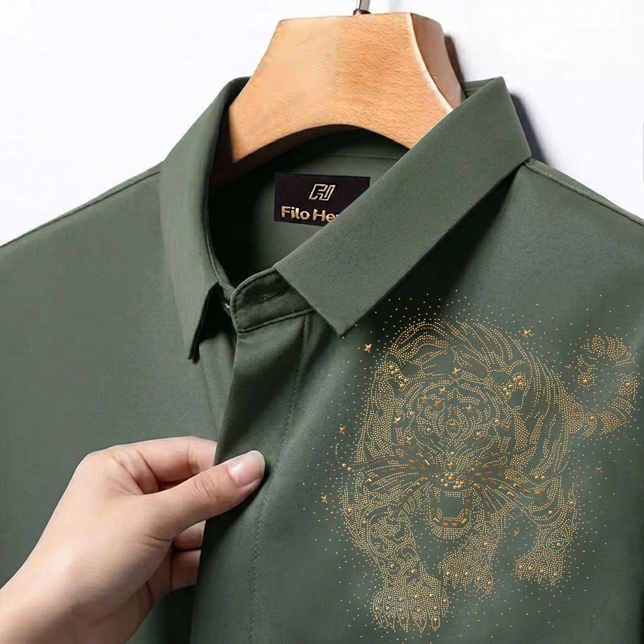 Tiger Embroidery Party Shirts | Club Wear | Olive-Green