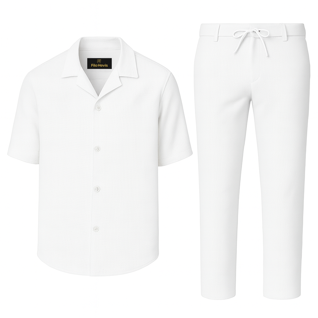 Men’s Premium Popcorn Texture Co-ord Set – Polyester Comfort Shirt & Trouser-White