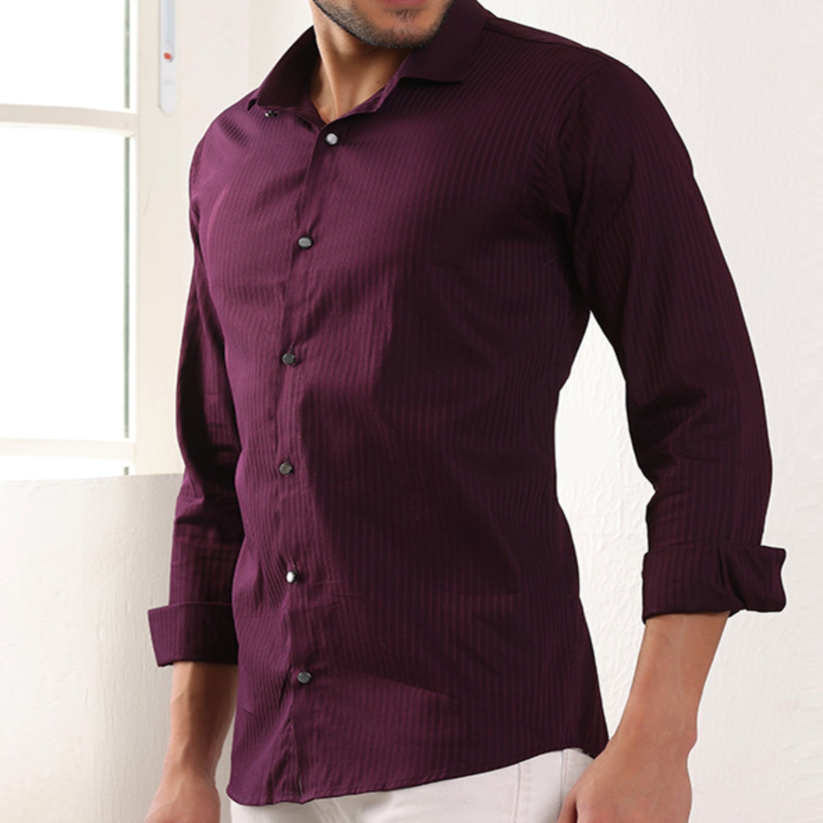 Self Stripes Formal Shirt Wine Color