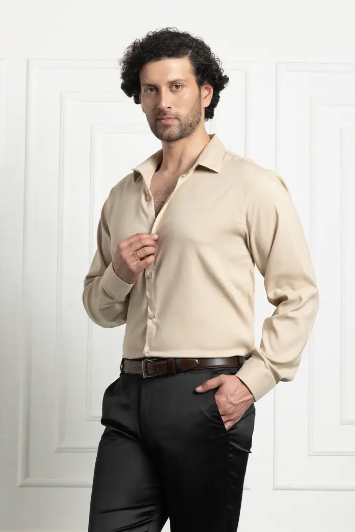 Men Classic Soft Stretchable Shirt- Beige