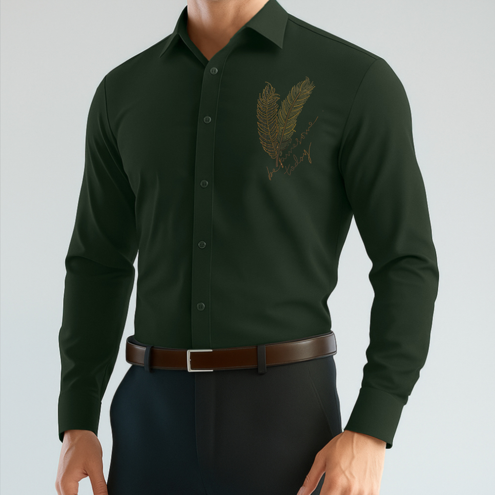 PARTY SHIRTS FOR MEN | PREMIUM SHIRTS | CLUB SHIRTS Feather Embroidery-Bottle Green