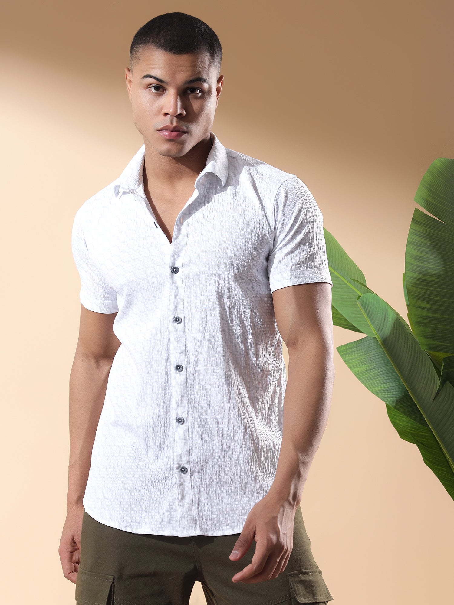 White-06-HALF CASUAL PRINTED COTTON SHIRT REGULAR FIT FOR MEN