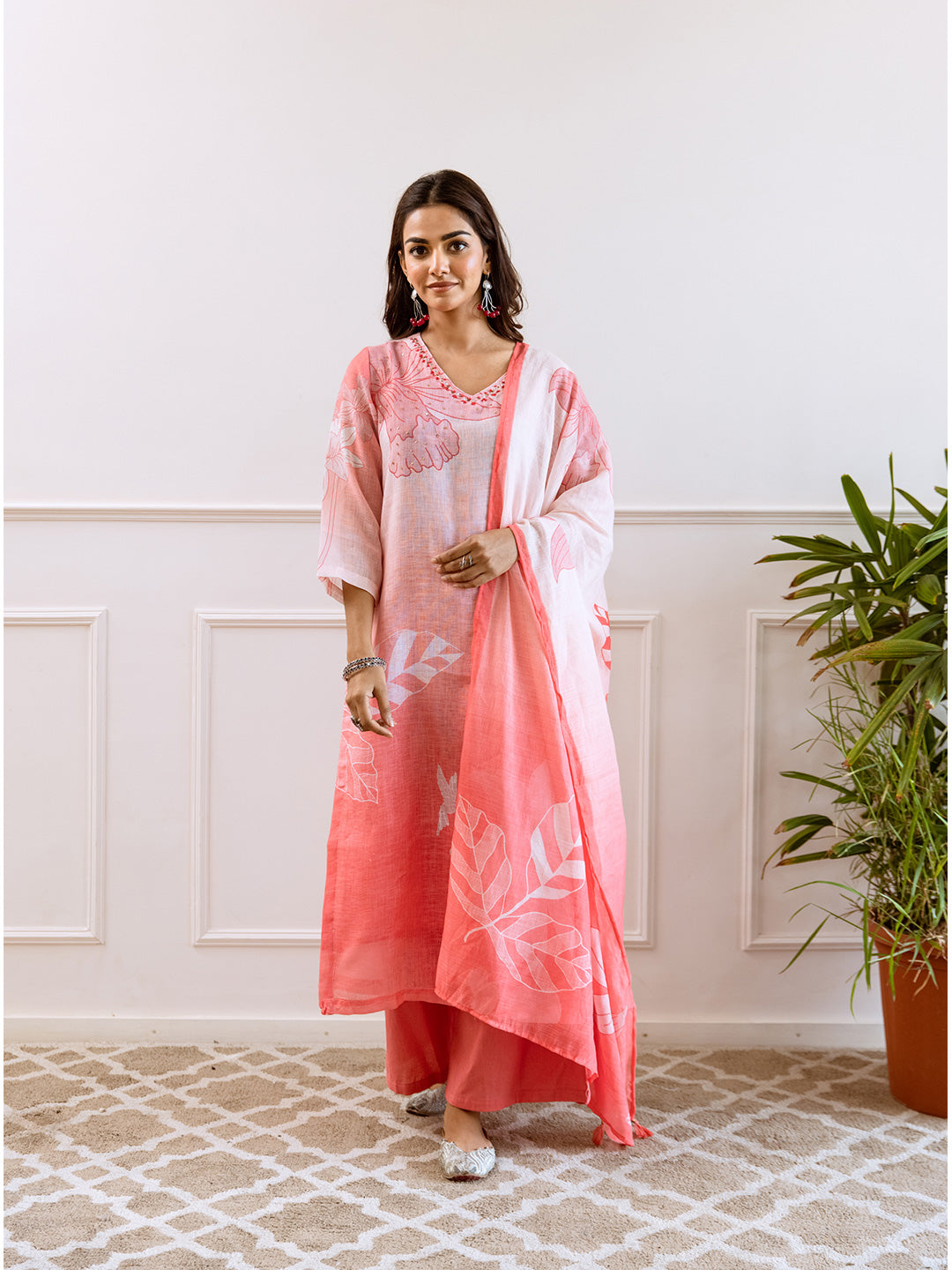 Floral Printed V-Neck Linen Straight Kurta Set with Dupatta- Light Pink