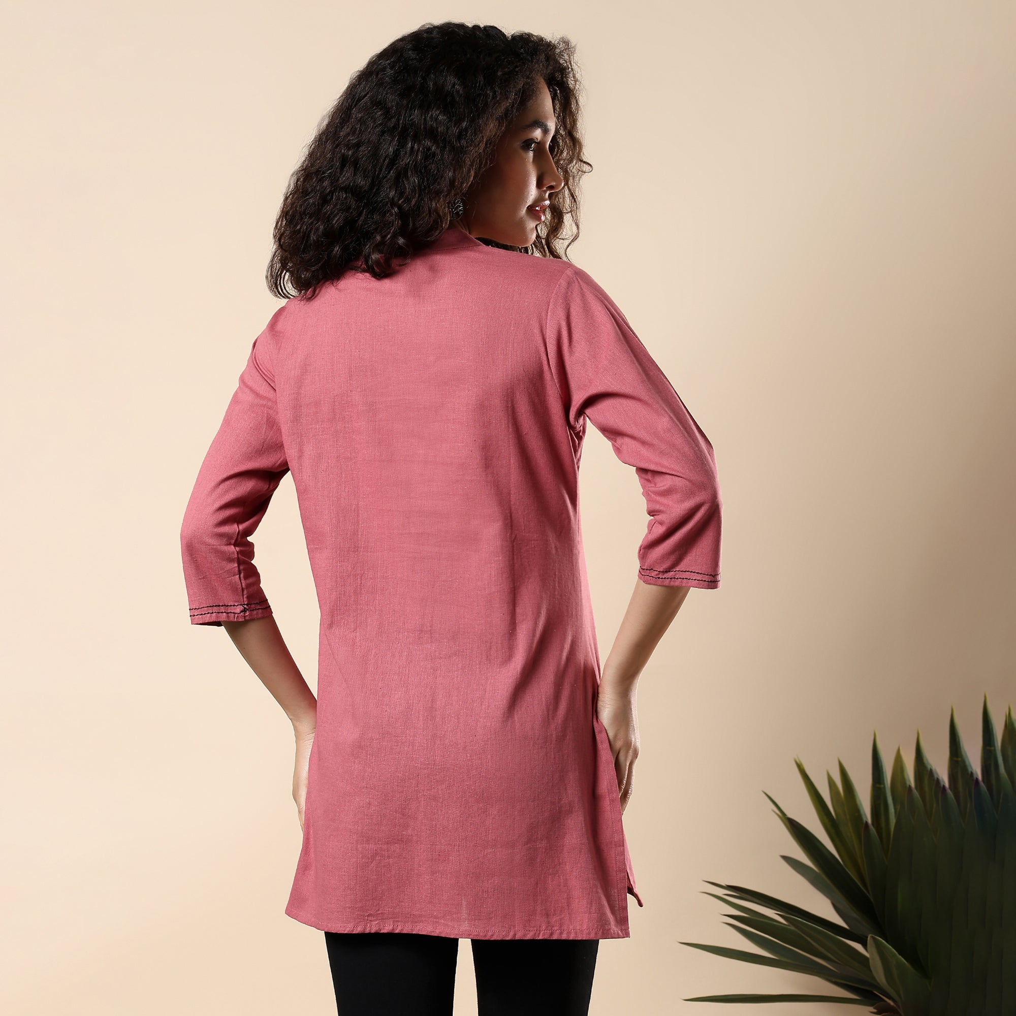 Floral Embroidered Pure Cotton Pink Short Kurti/Tunic